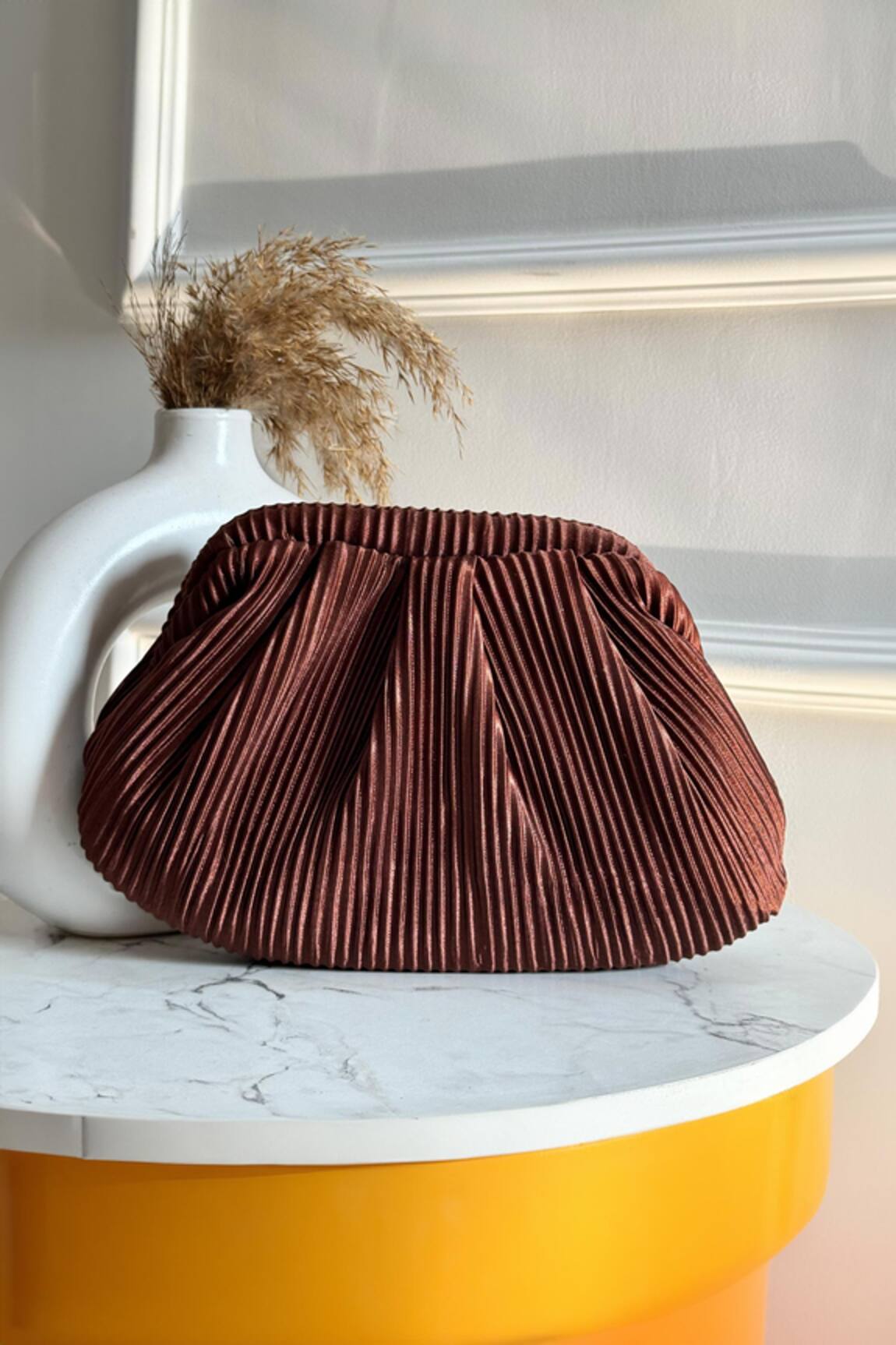 Boxwish By Bhumika Brown Pleated Crushed Clutch Bag