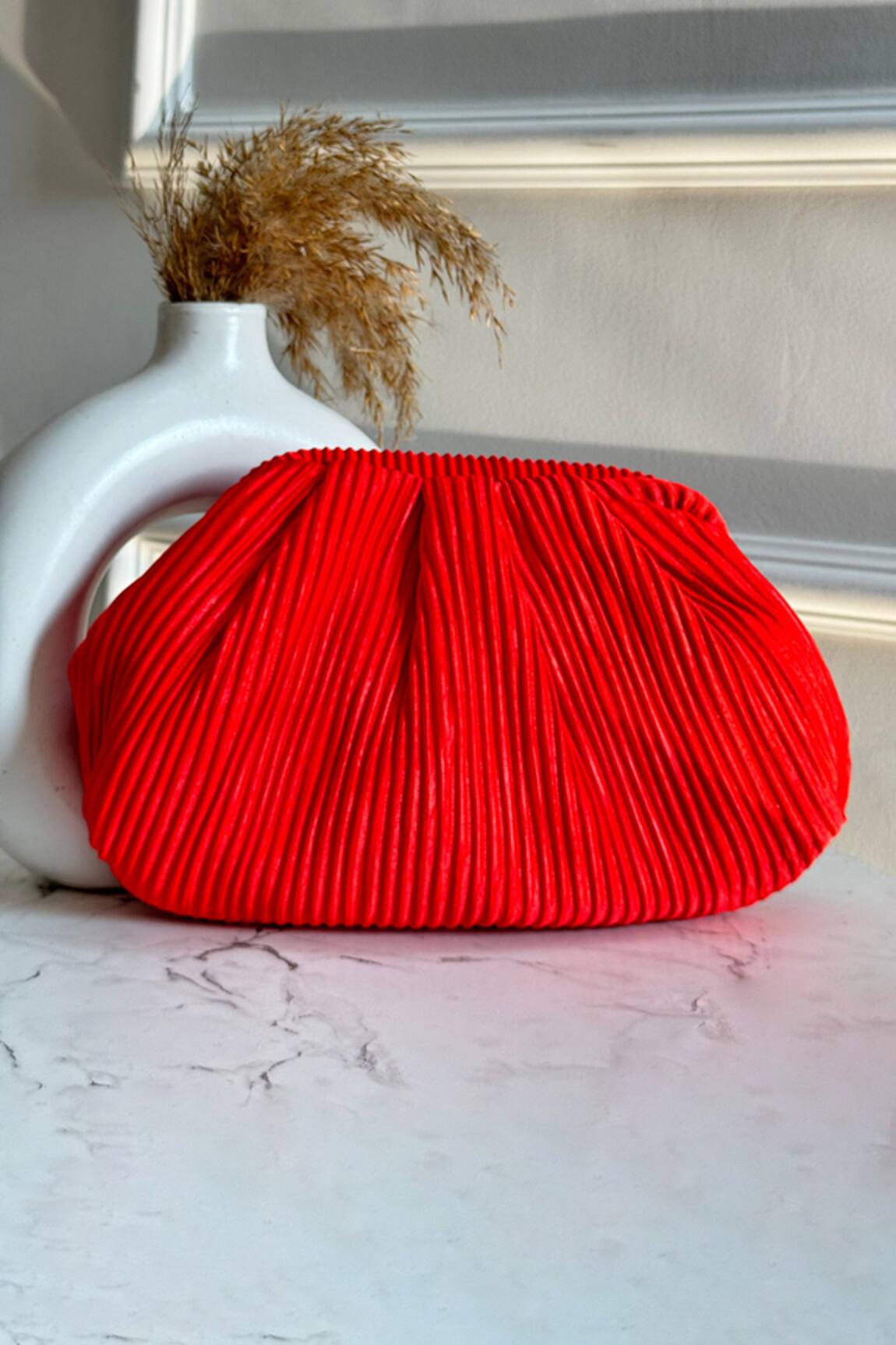 Boxwish By Bhumika Red Pleated Soft Pouch Clutch Bag 