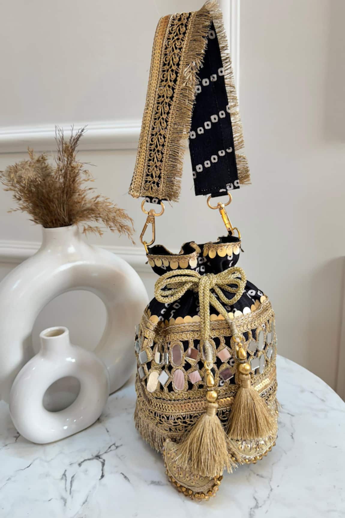 Boxwish By Bhumika Black Bandhani Potli with Sequin Embroidery 