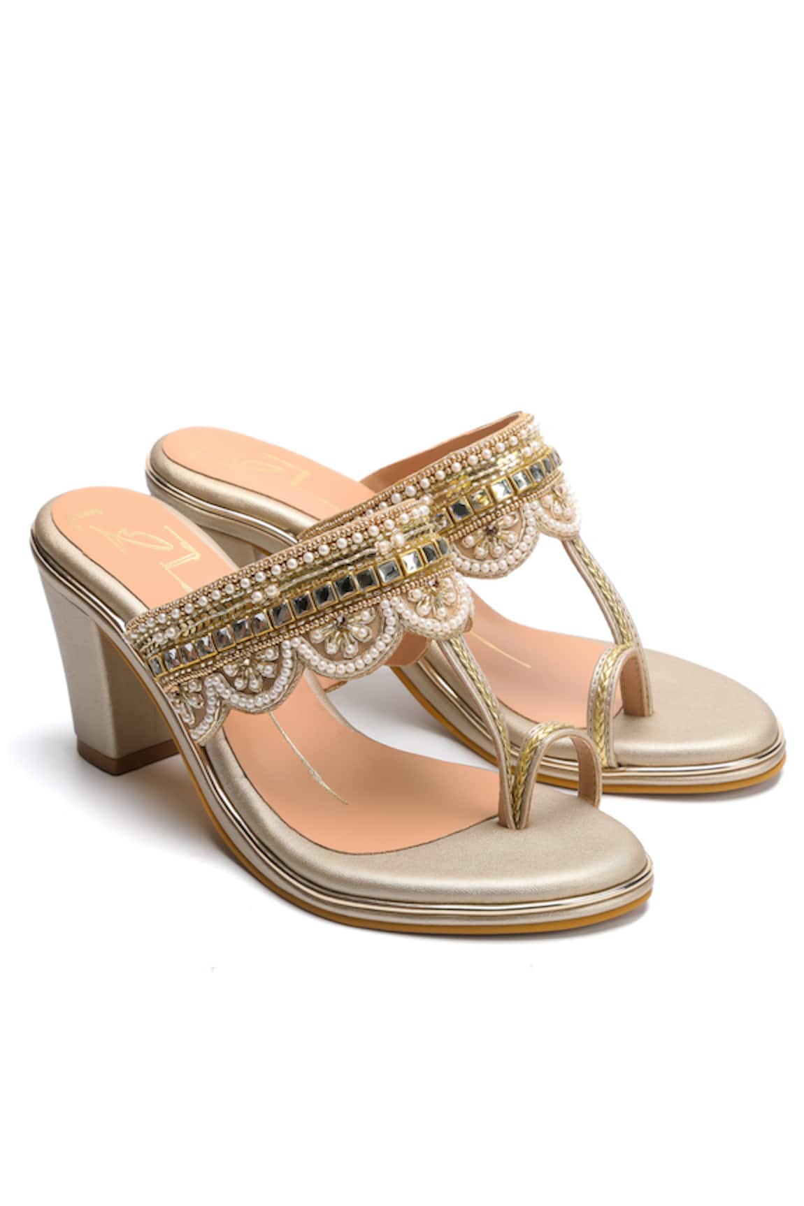Nidhi Bhandari Gold Scallop Bloom Embroidered Heels 