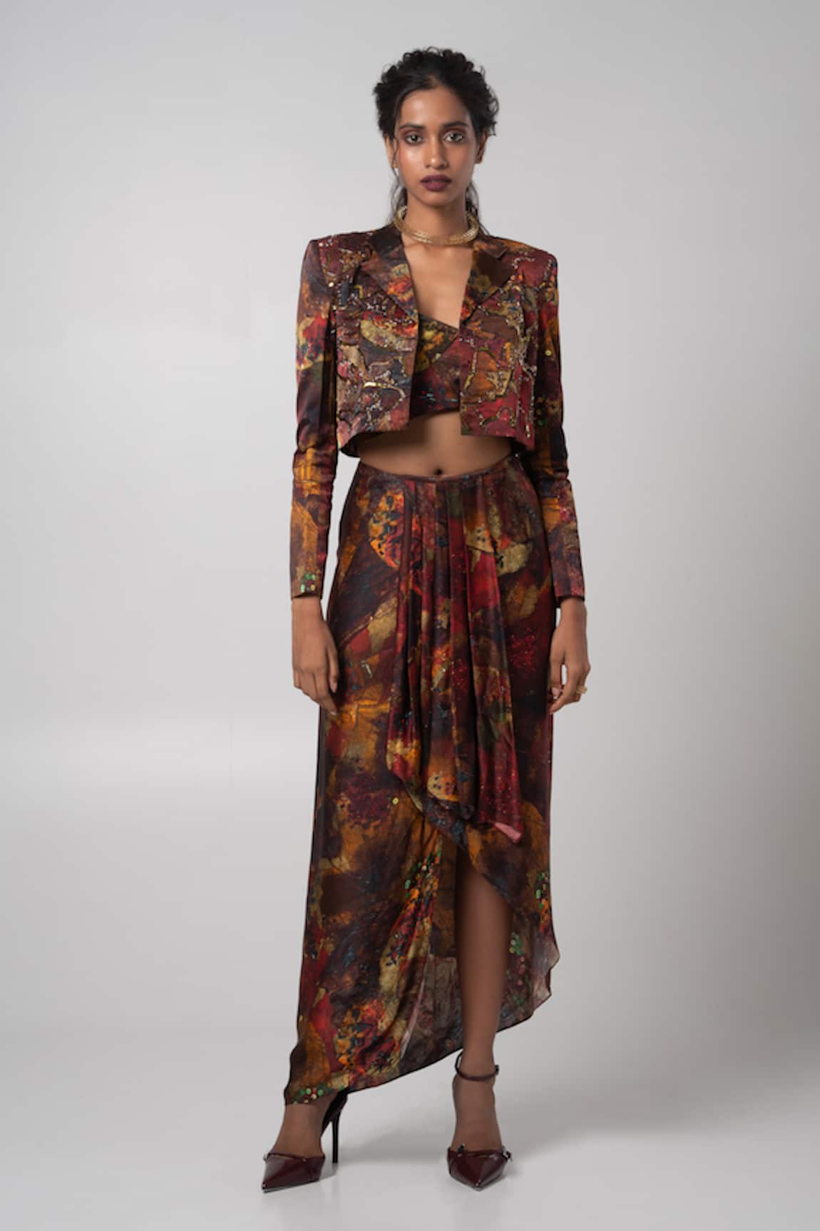 Advait Brown Abstract Print Crop Jacket & Skirt Set 