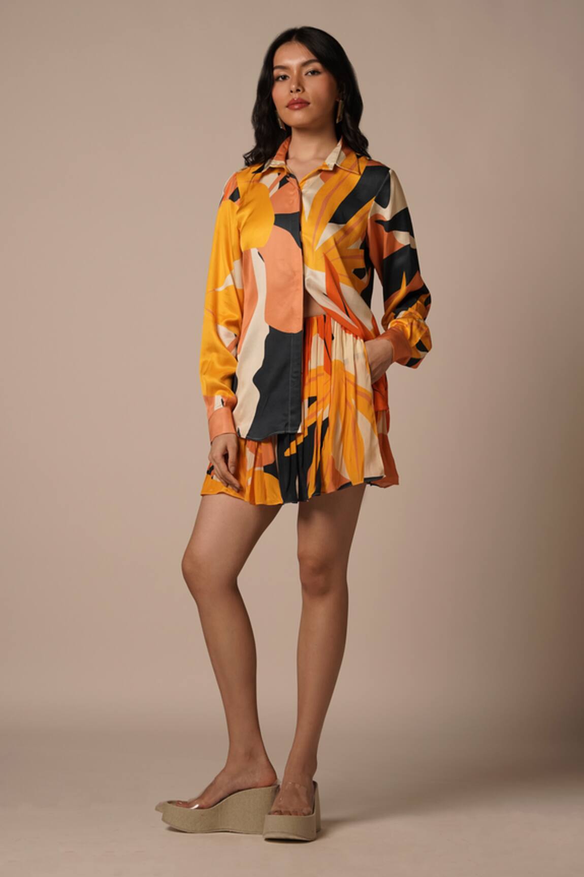 Advait Yellow Abstract Floral Pleated Skorts 