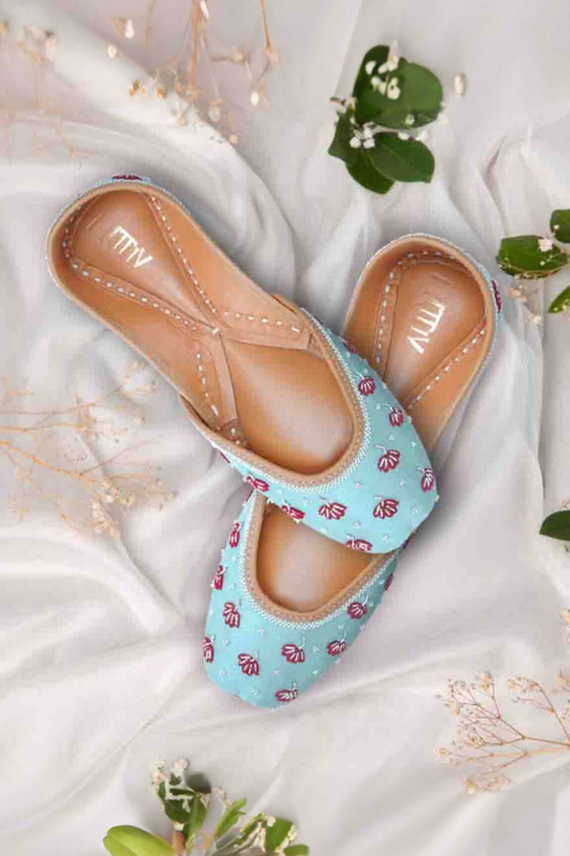 House Of Vitti India Tiffany Blue Embroidered Juttis