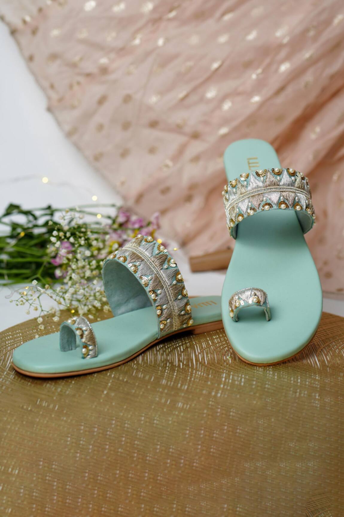 House Of Vitti India Zardozi Embroidered Sage Green Flats