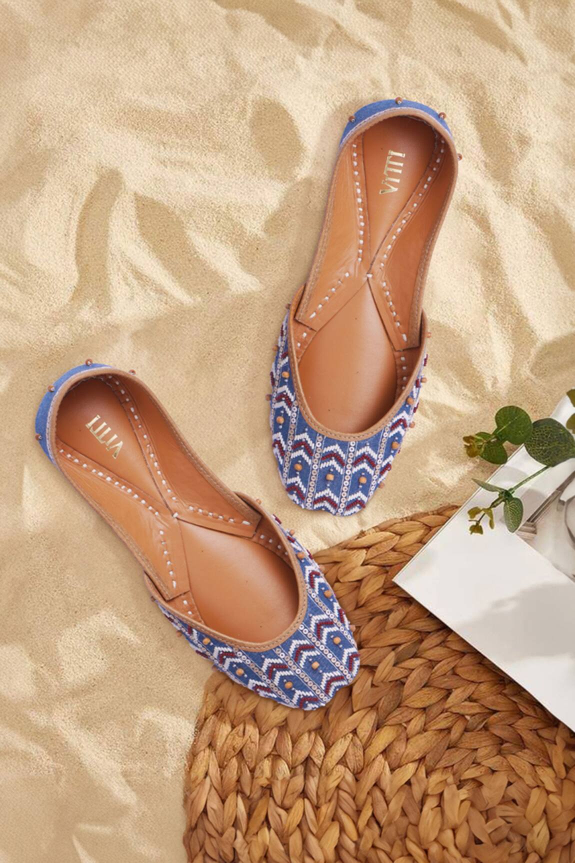 House Of Vitti India Denim Chevron Embroidered Juttis