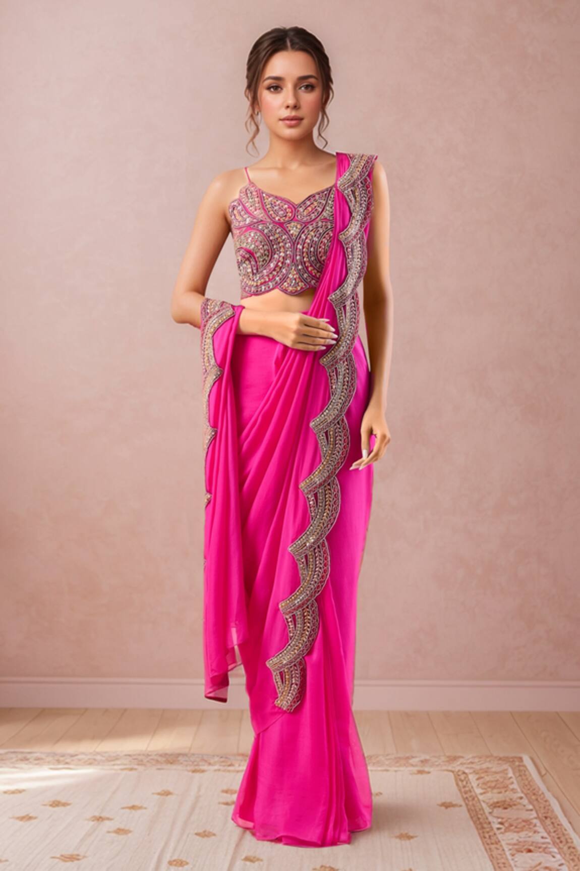 Ridhima Bhasin Embroidered Scallop Hem Pre-Draped Saree 
