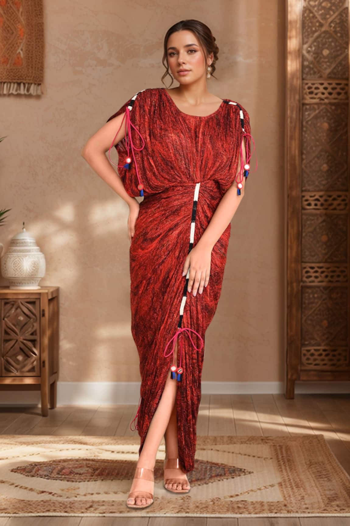 Saaksha & Kinni Red Abstract Print Gathered Maxi Dress