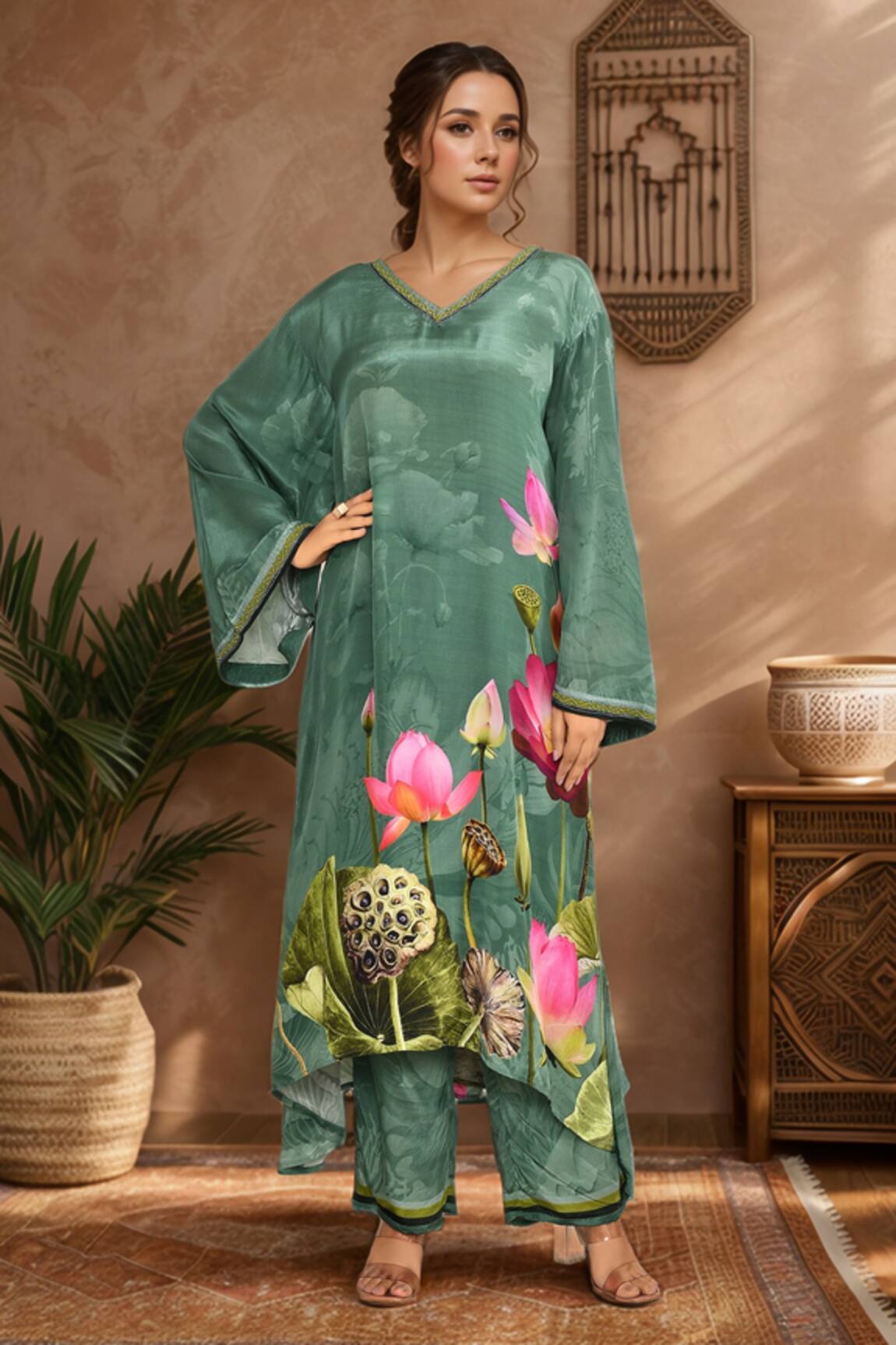 Kalista Floral Embroidered Kaftan & Pant Set