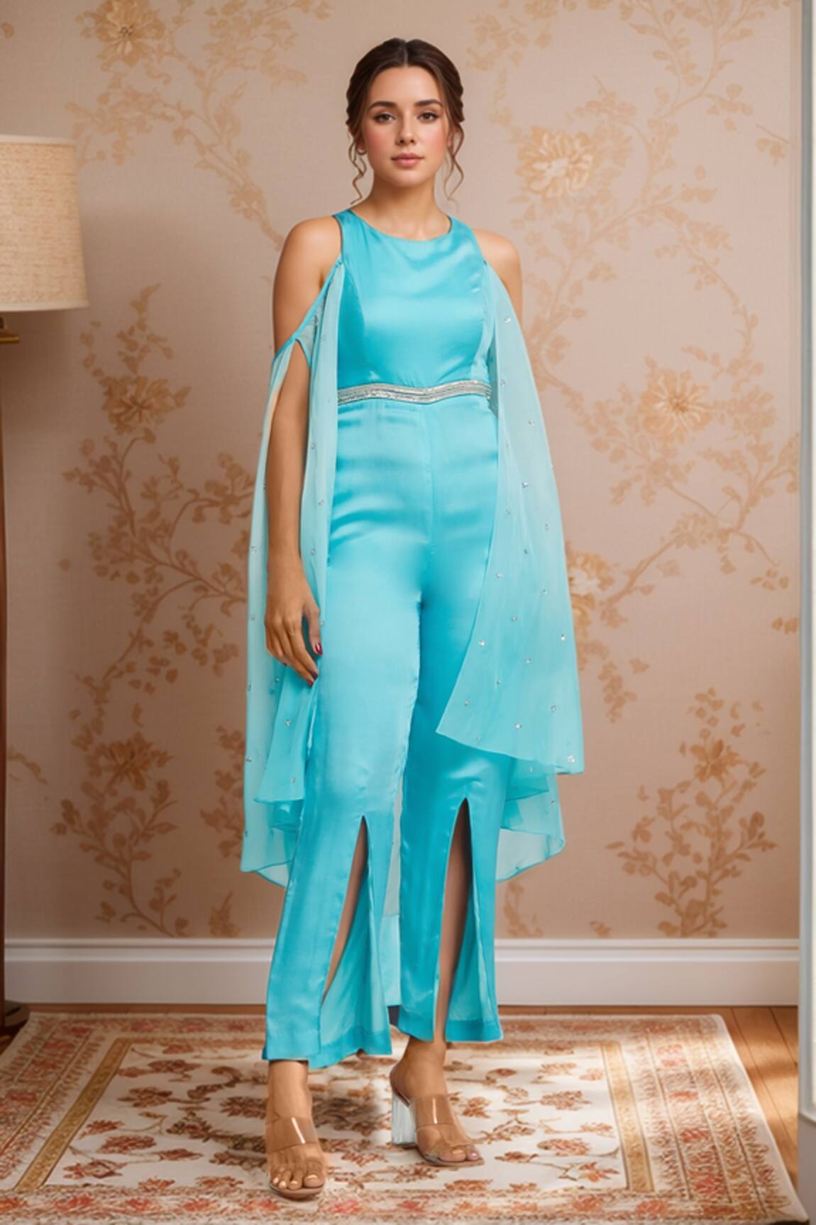 Naintara Bajaj Placed Crystal Embellished Jumpsuit With Cape