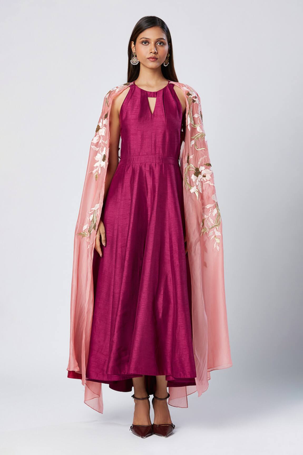 Madder Much Wine Midi Dress With Embroidered Cape 