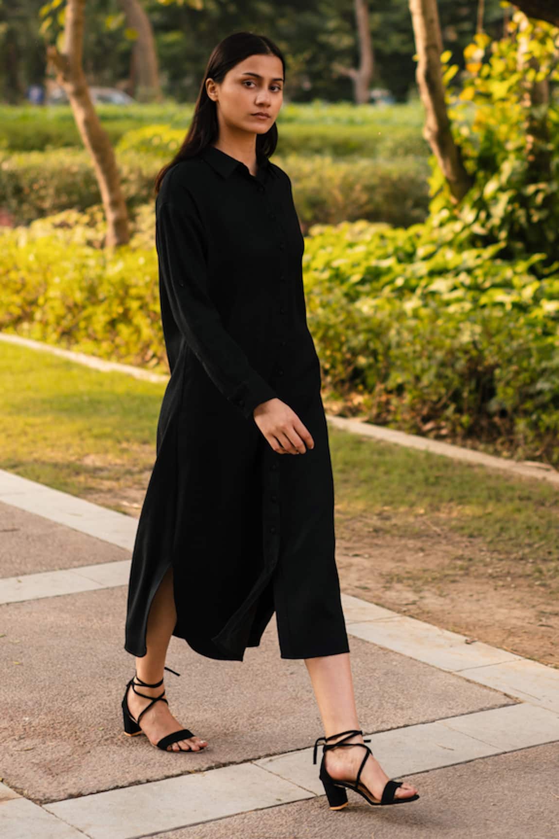 RAAS LIFE Black Merino Wool Midi Shirt Dress 