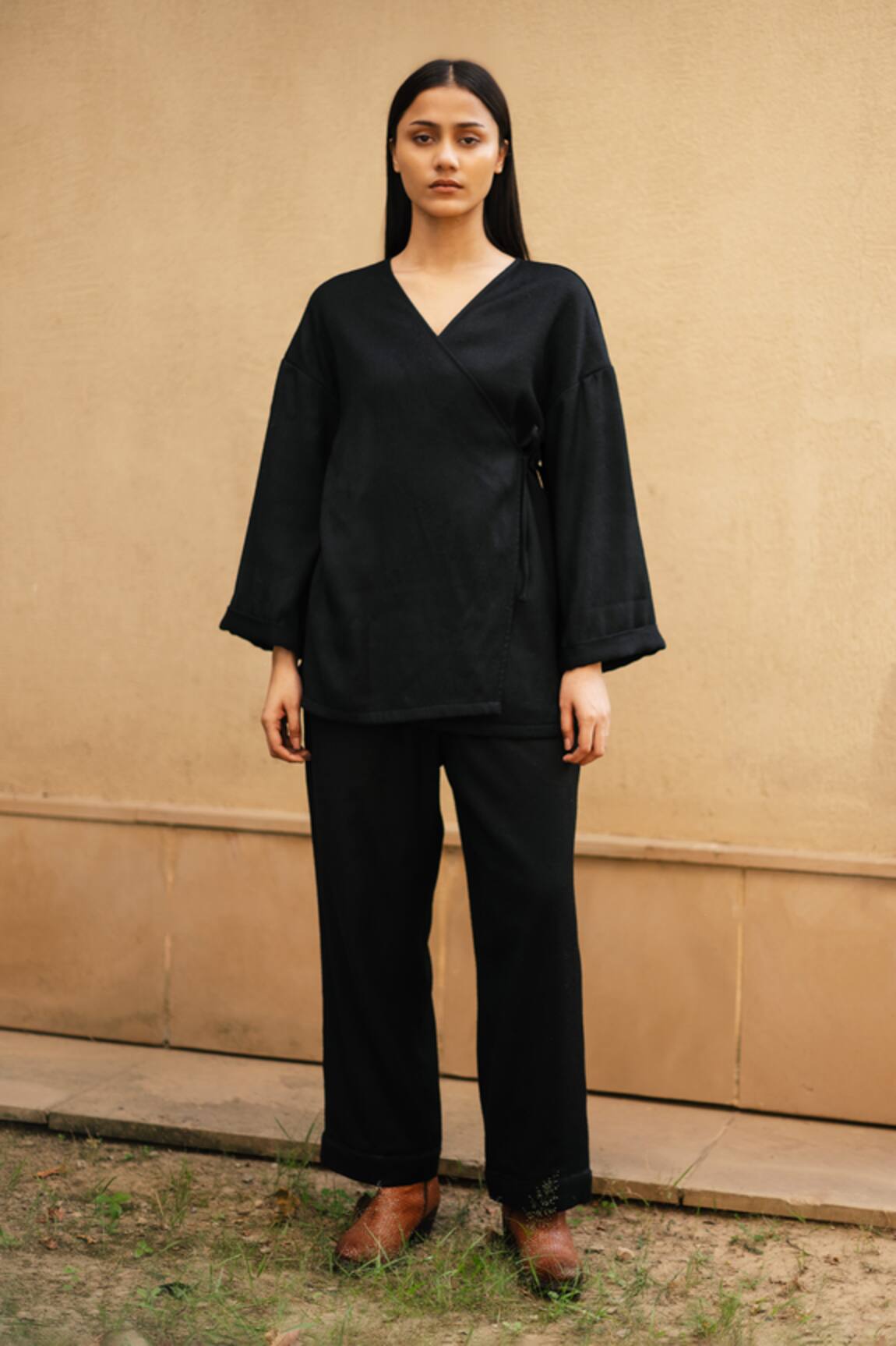 RAAS LIFE Black Merino Wool Wrap Top & Pant Set