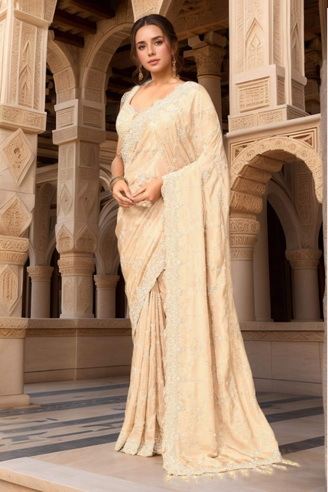 Kalighata Natasha Floral Cutwork Border Embroidered Saree With Blouse