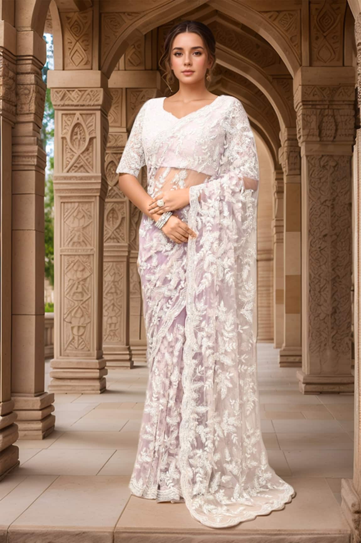 Kalighata Floral Thread Embroidered Saree With Blouse 