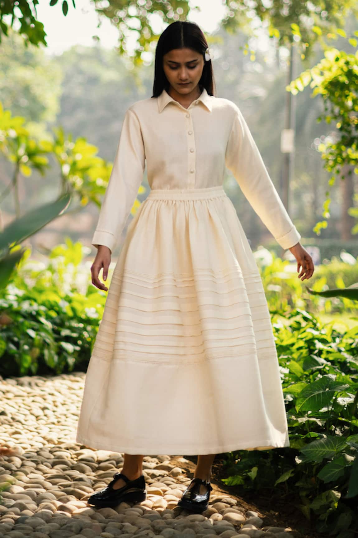 RAAS LIFE Cream Pintucked Shirt & Midi Skirt Set 