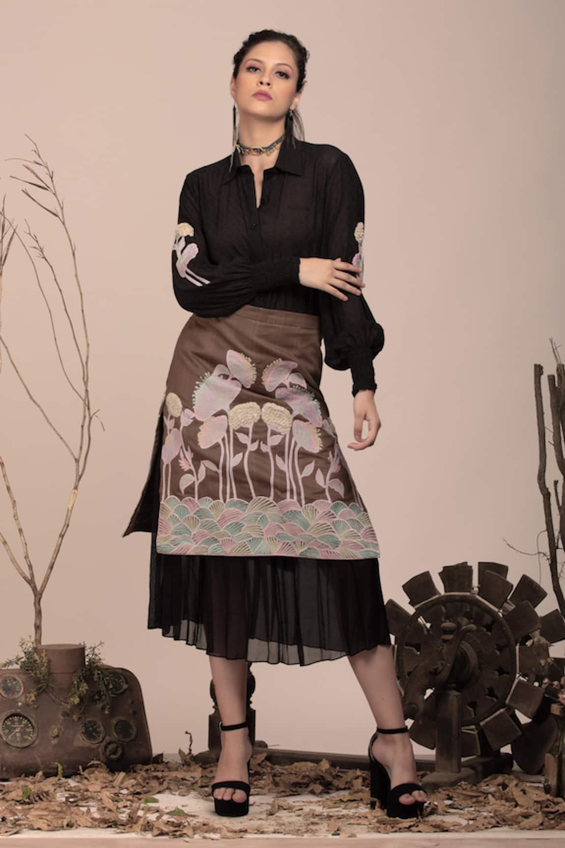 Beejoliyo Black Embroidered Shirt & Skirt Set