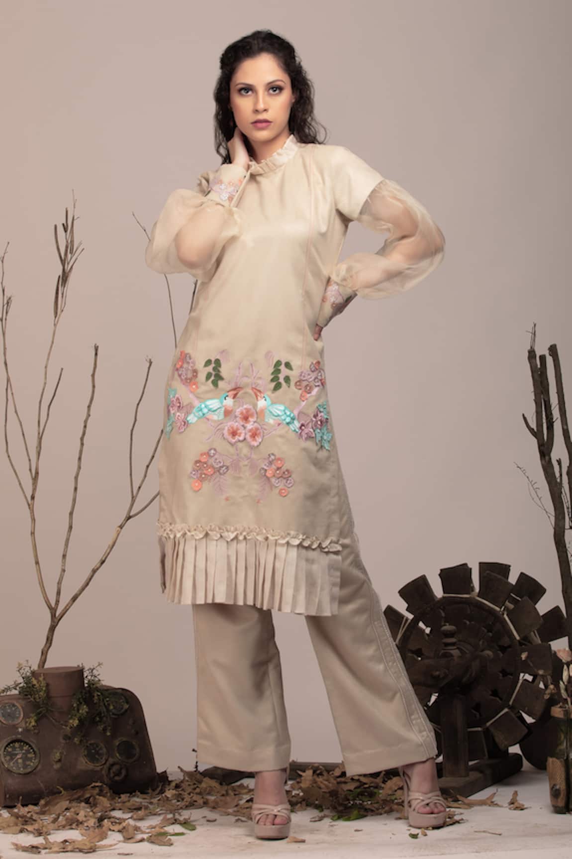 Beejoliyo Beige Floral Applique Kurta & Pant Set