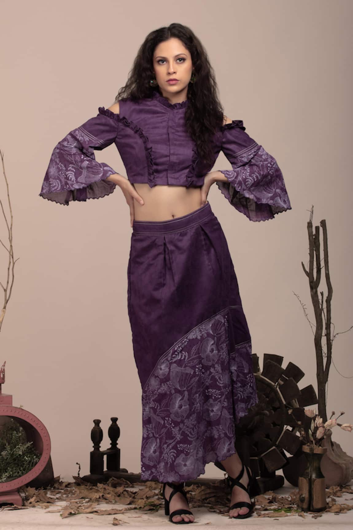 Beejoliyo Purple Embroidered Cold Shoulder Top & Skirt Set