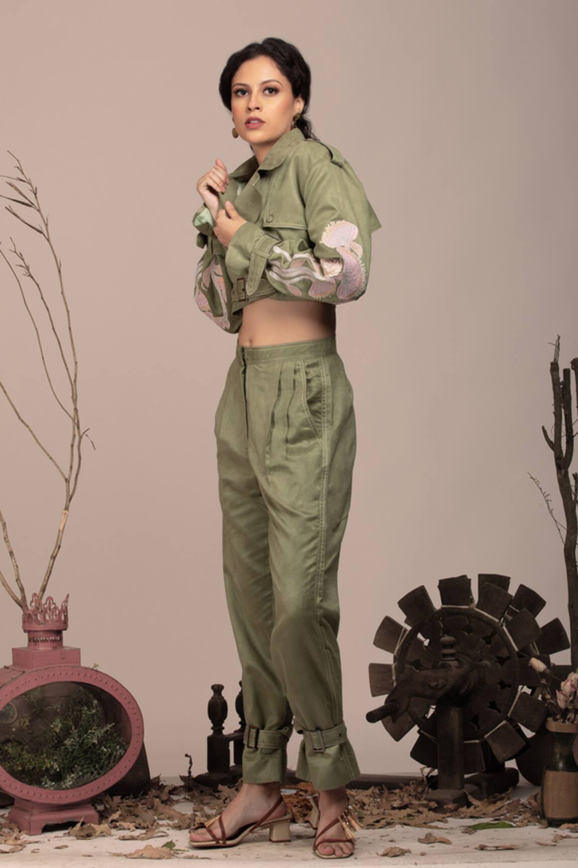Beejoliyo Green Embroidered Cuff Sleeve Jacket & Pant Set