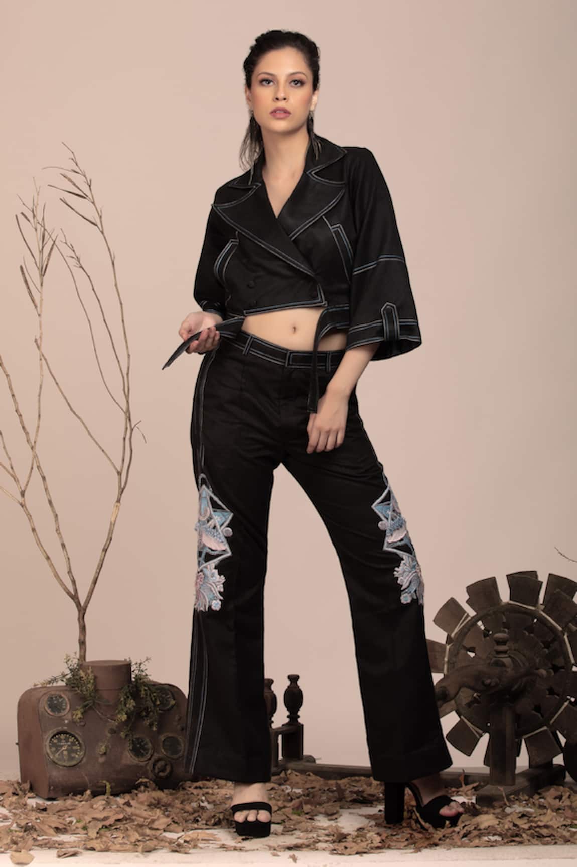 Beejoliyo Embroidered Black Crop Jacket & Pant Set