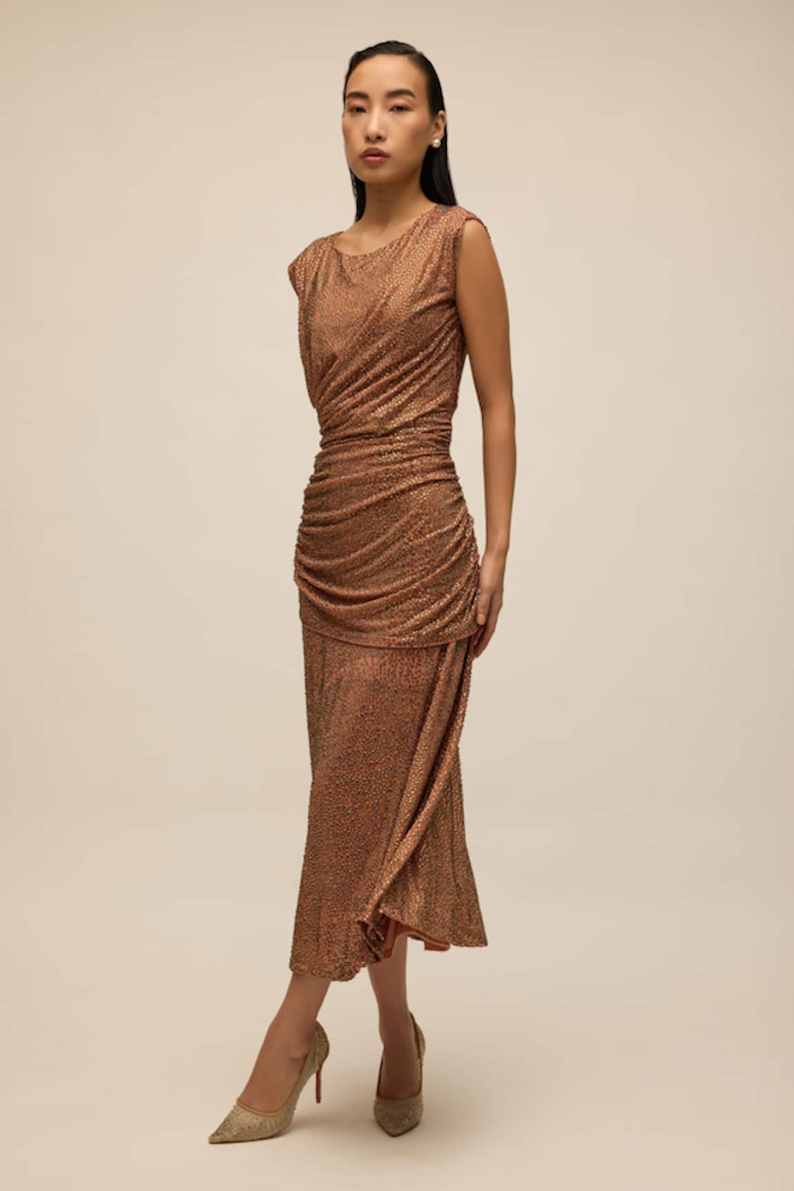 House Of Eda Draped Midi Dress With Crystal Embellishments