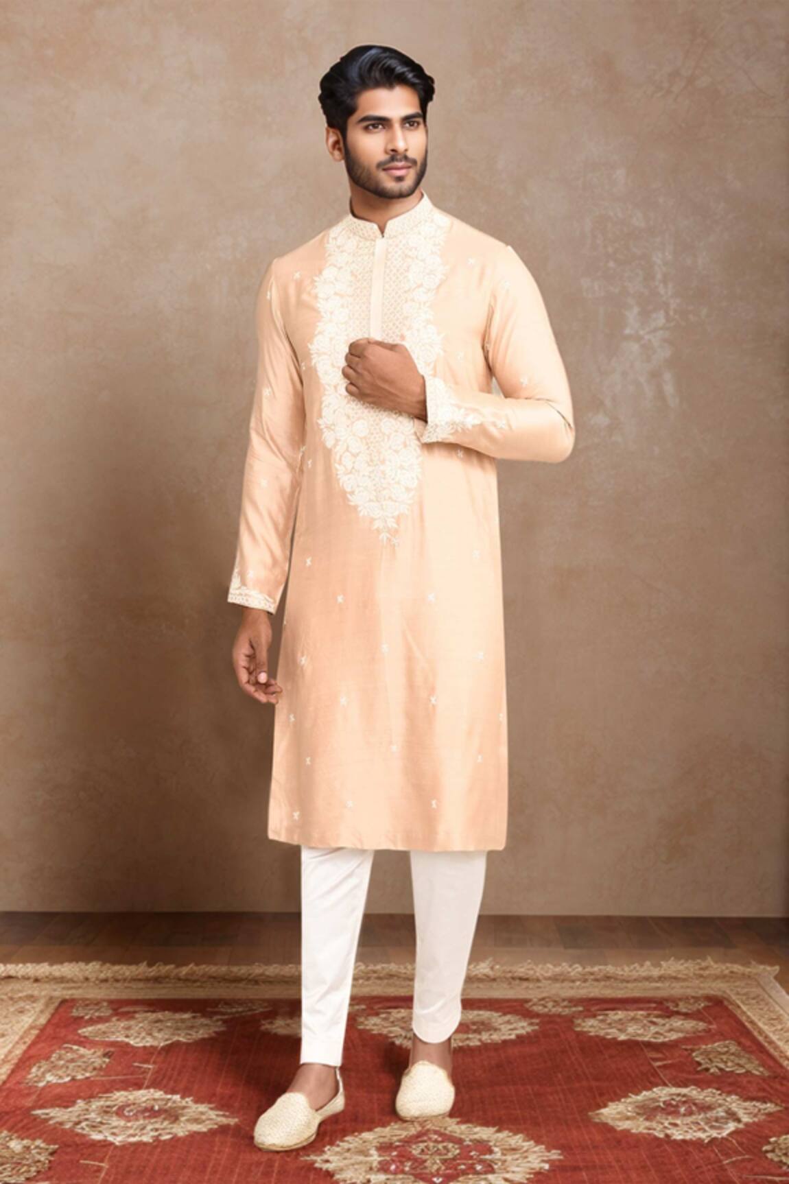 Kalighata Floral Embroidered Peach Kurta Set