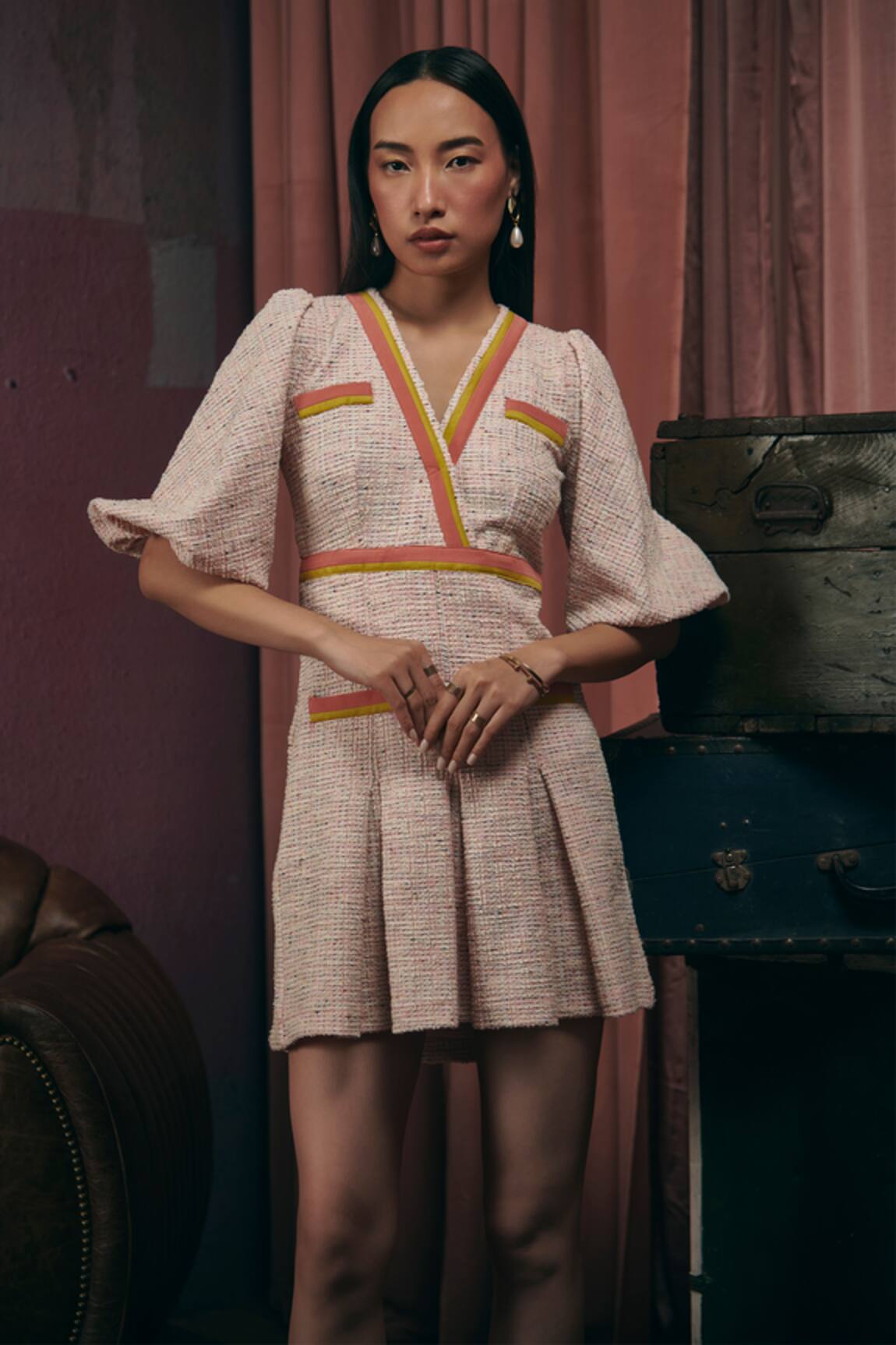 Sunandini Pastel Pink Tweed Woven Dress 
