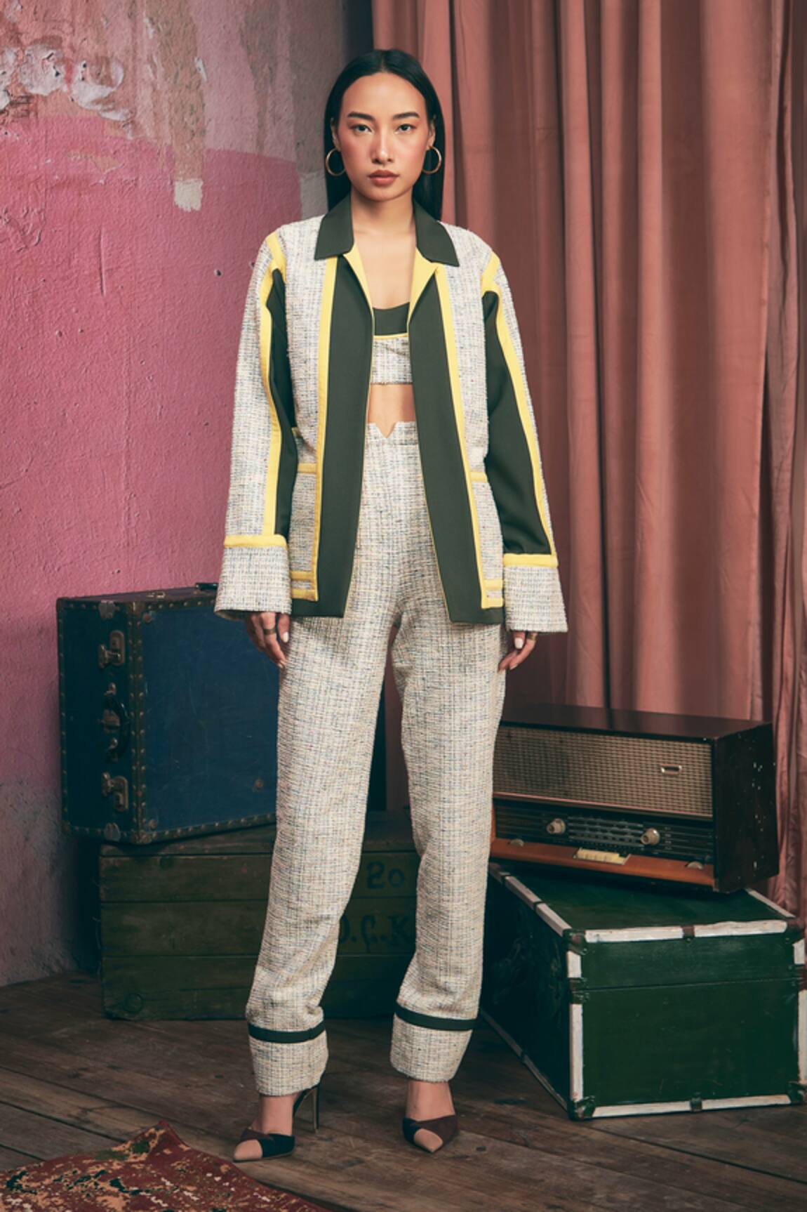 Sunandini Grey Tweed Color Block Bralette & Trouser Set 