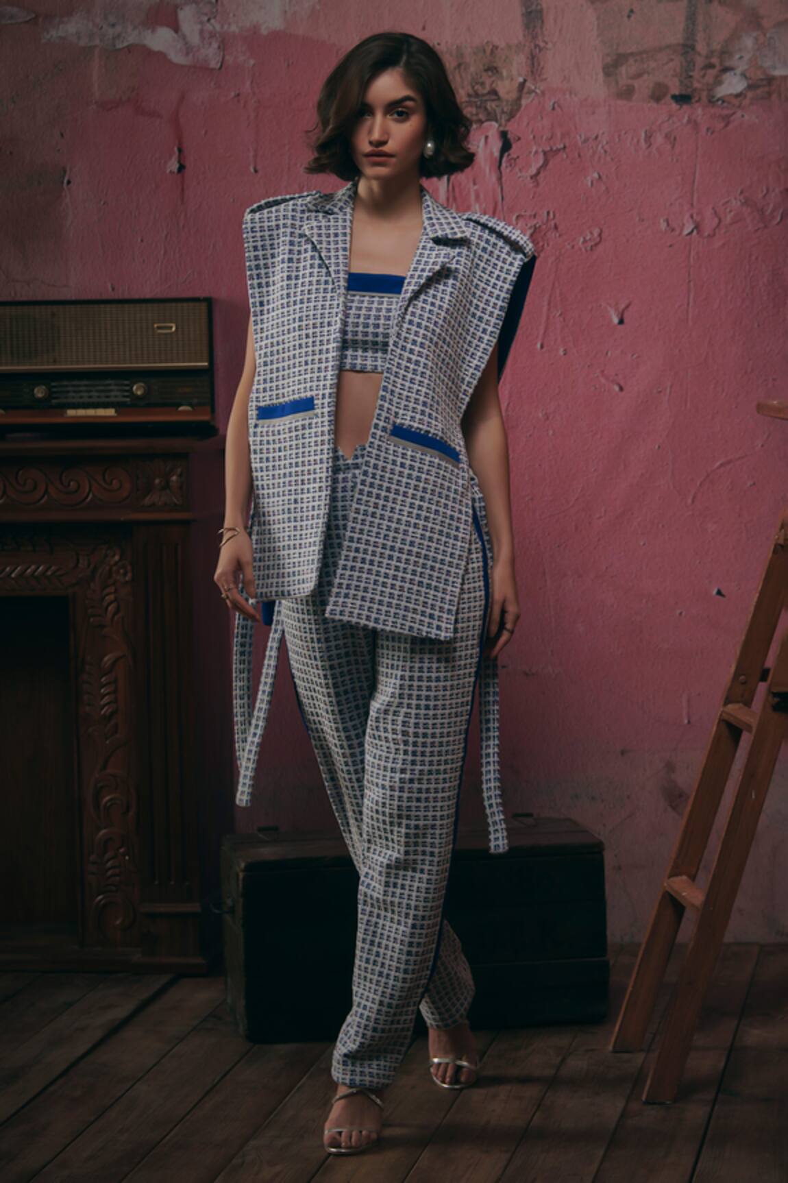 Sunandini Blue Tweed Woven Vest Jacket Trouser Set