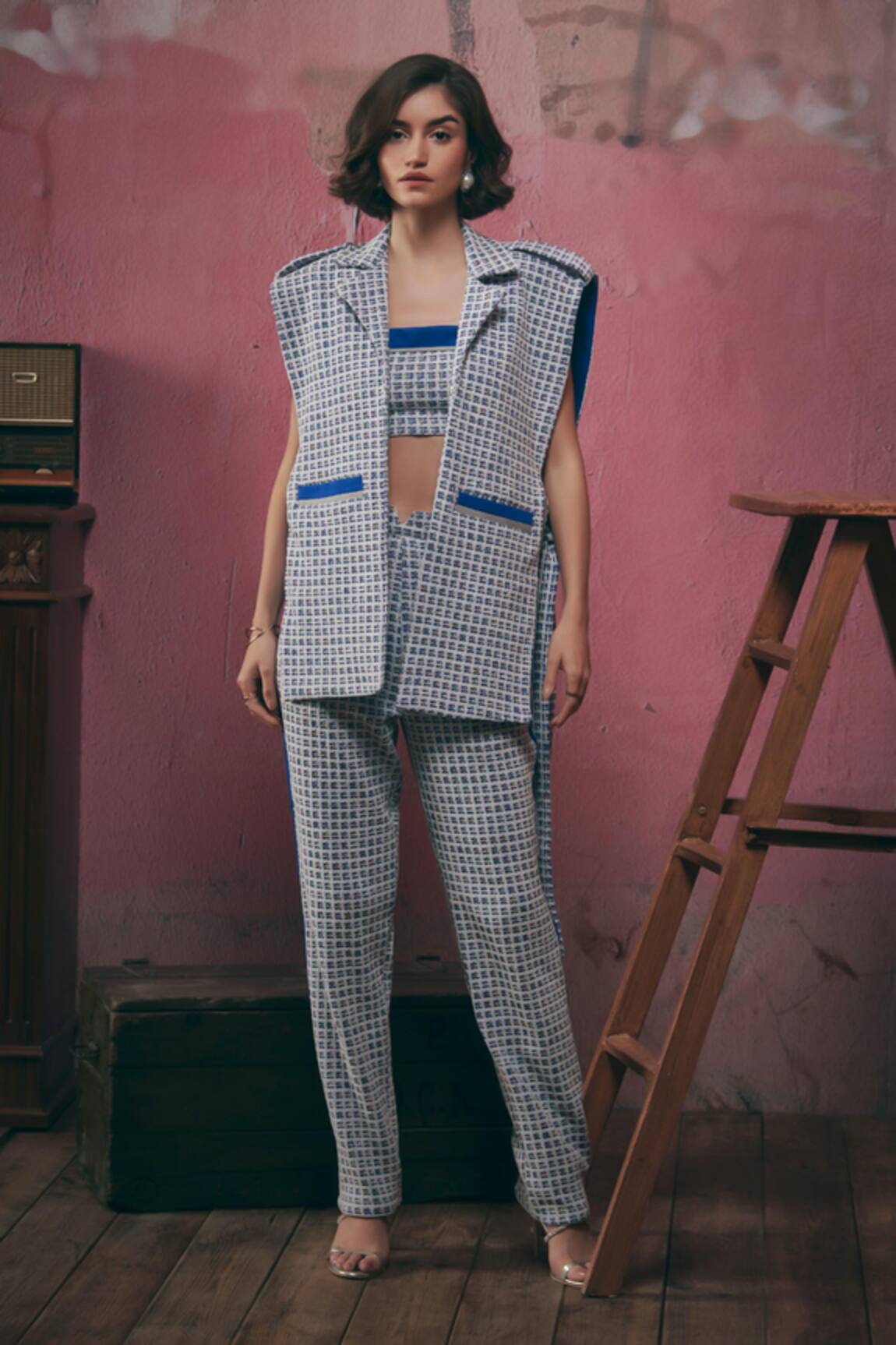 Sunandini Blue Tweed Woven Vest Jacket