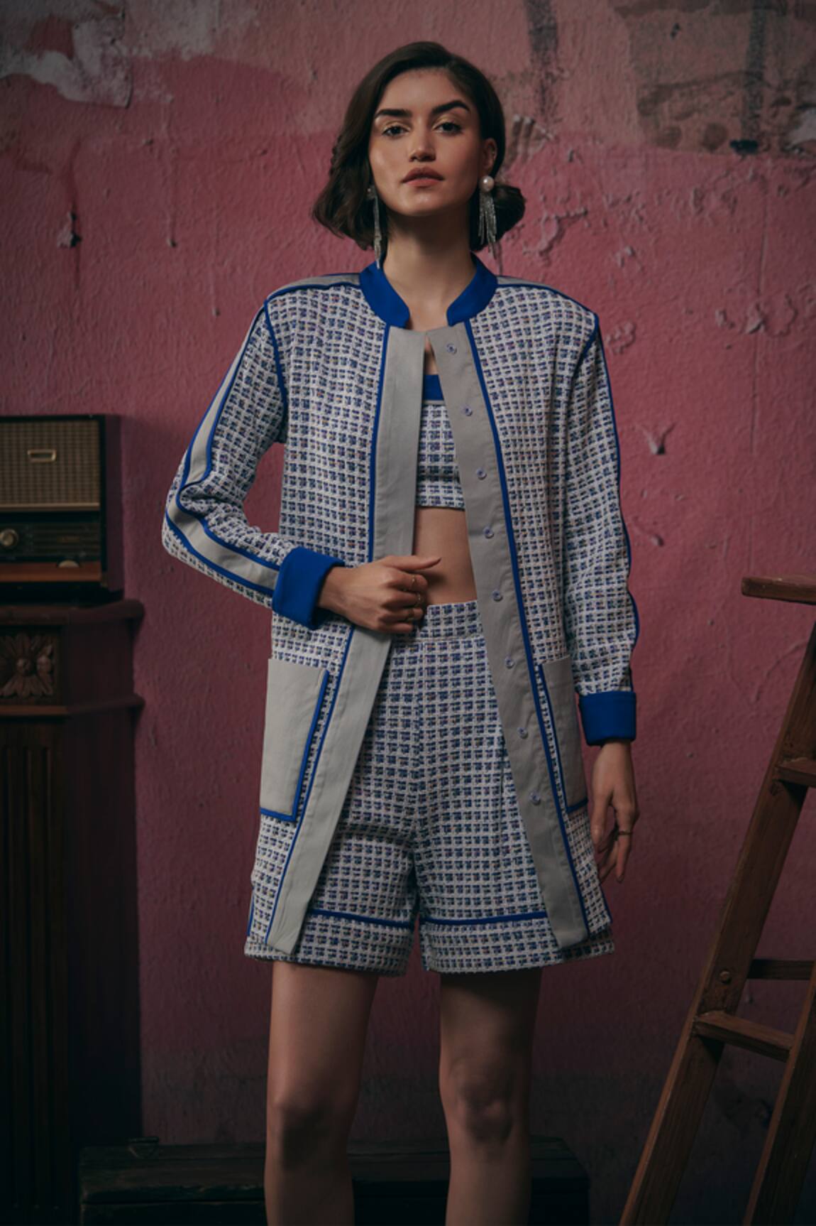 Sunandini Blue Tweed Woven Jacket & Shorts Set