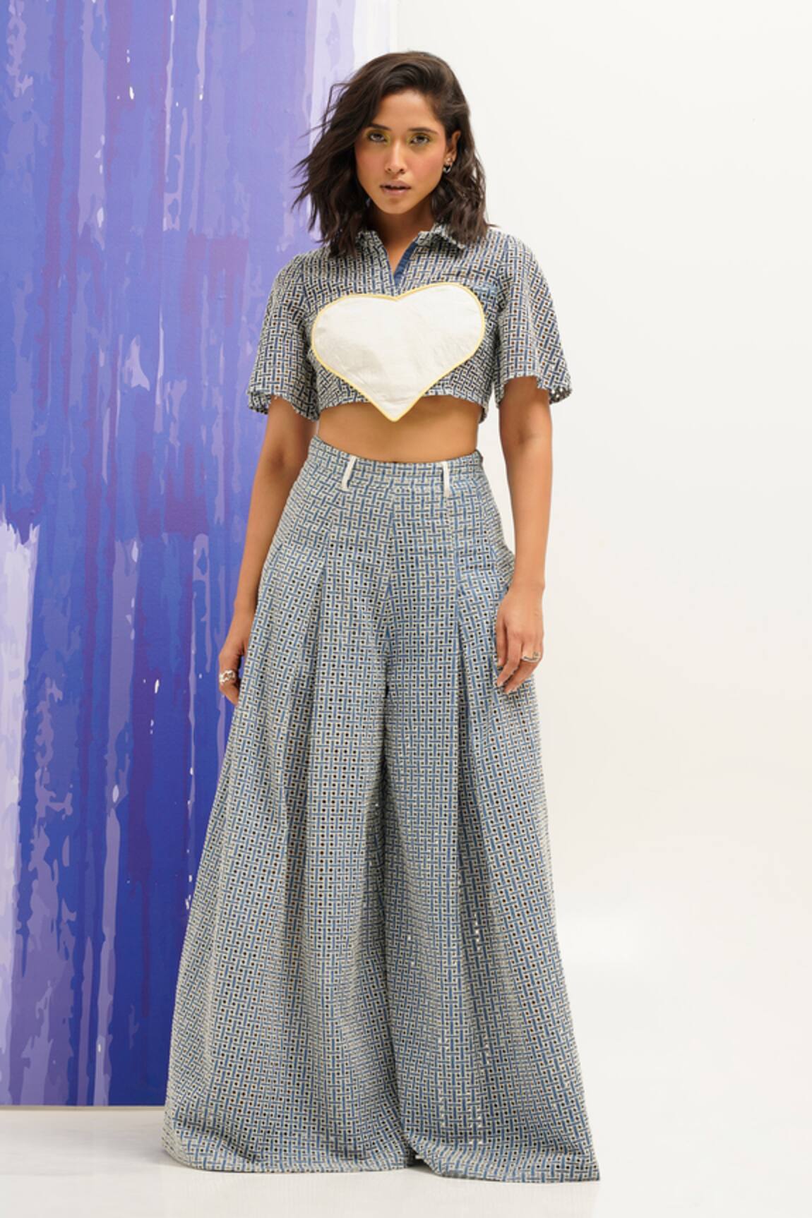 Sunandini Cropped Denim Cutwork Shirt & Pant Set 