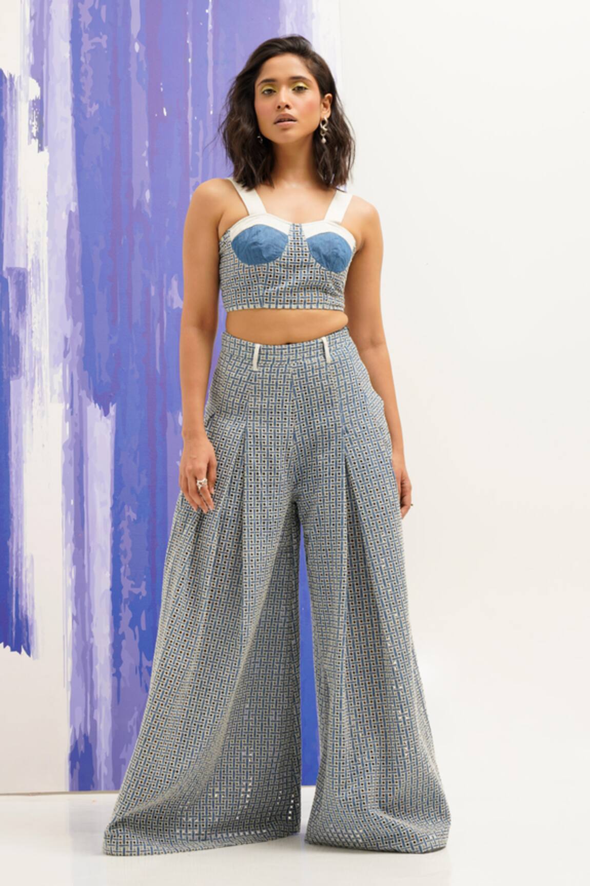 Sunandini Blue Denim Cutwork Bustier & Pant Set 