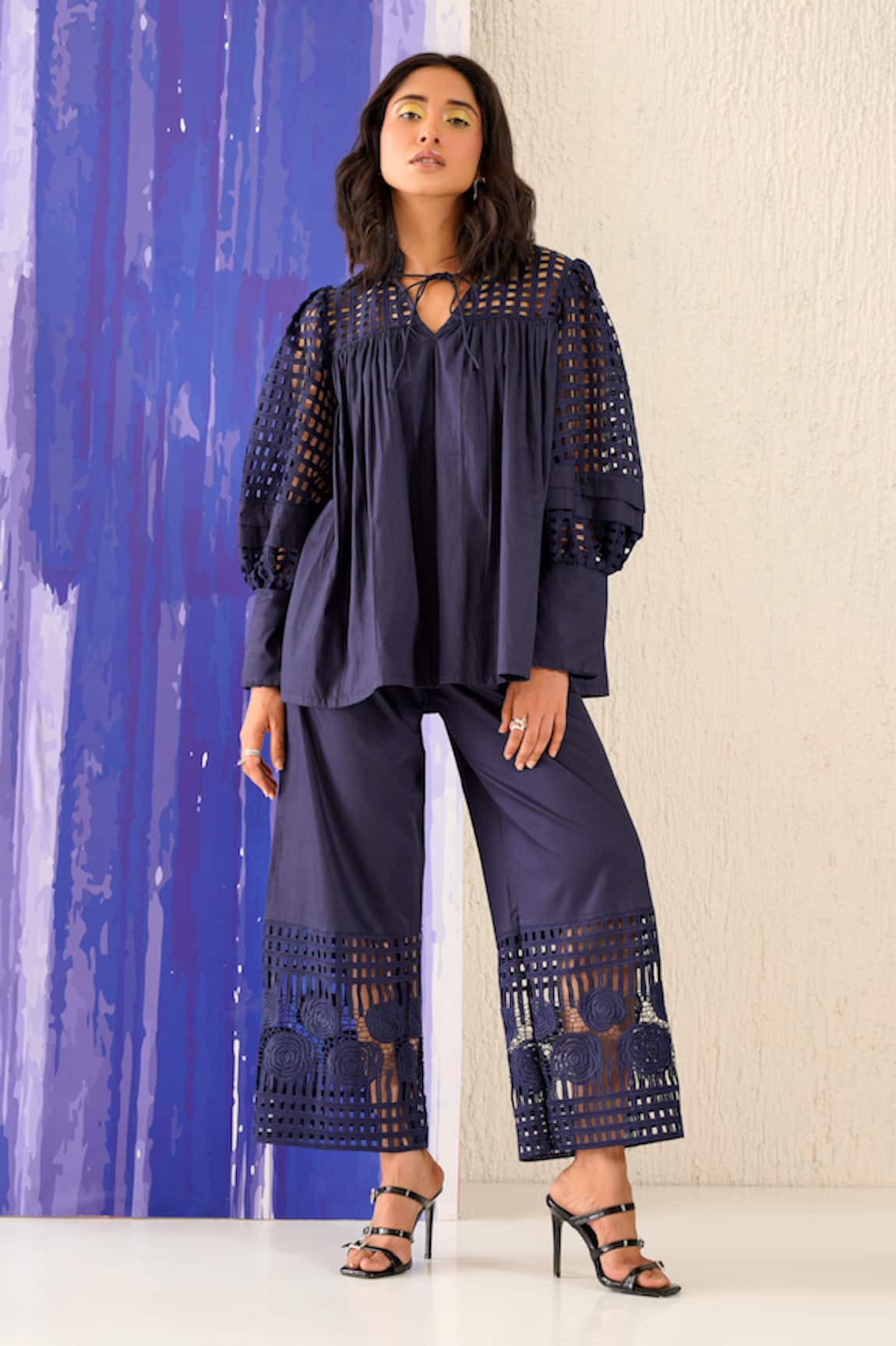 Sunandini Blue Openwork Culotte Trouser