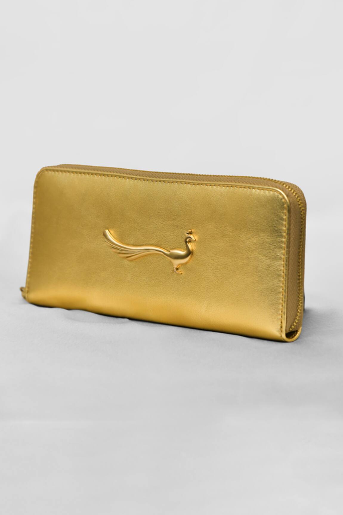 Gla Gold Leather Wallet with Peacock Accent 