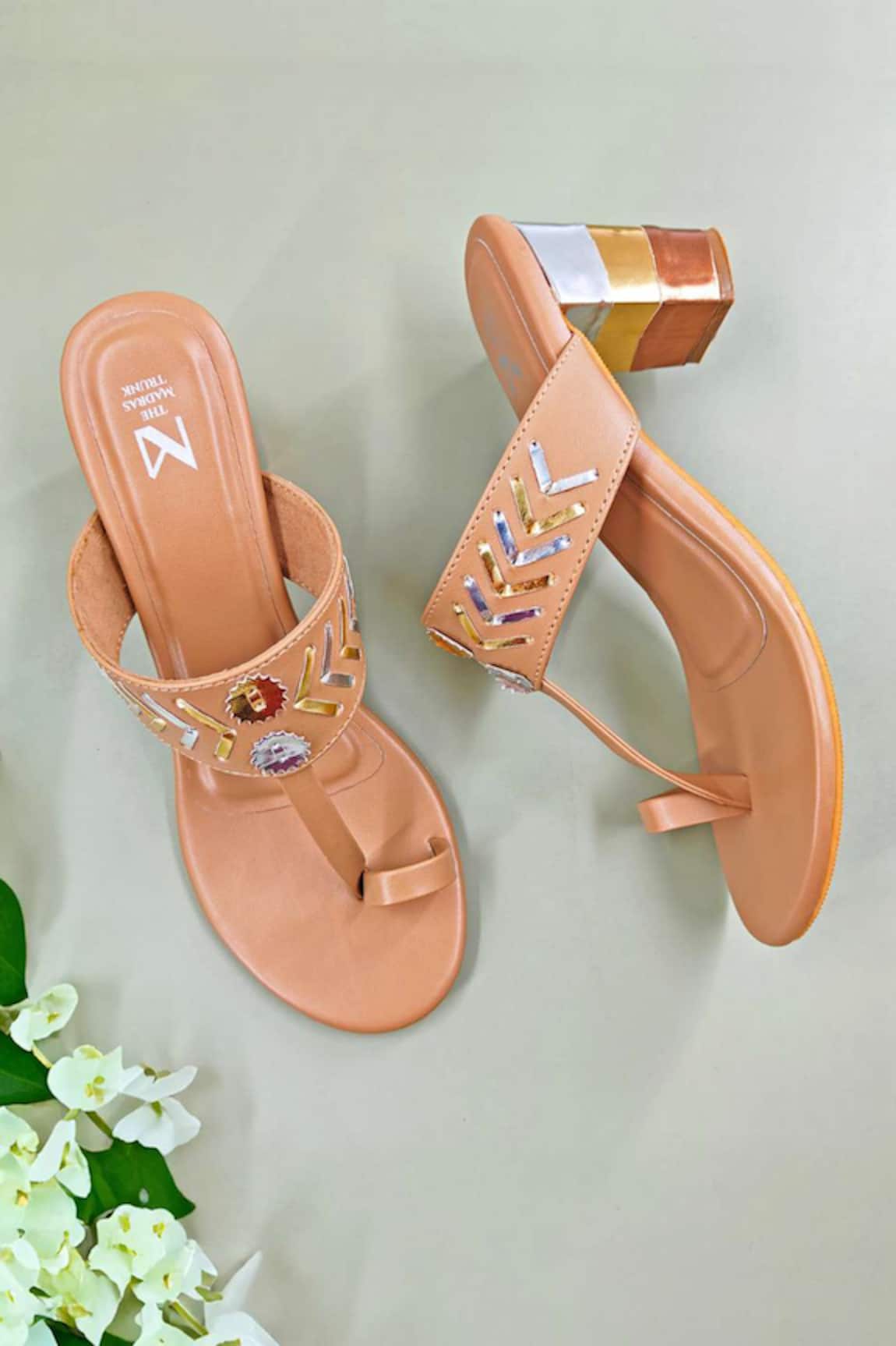 The Madras Trunk Tan Brown Kolhapuri Metallic Cutwork Heels