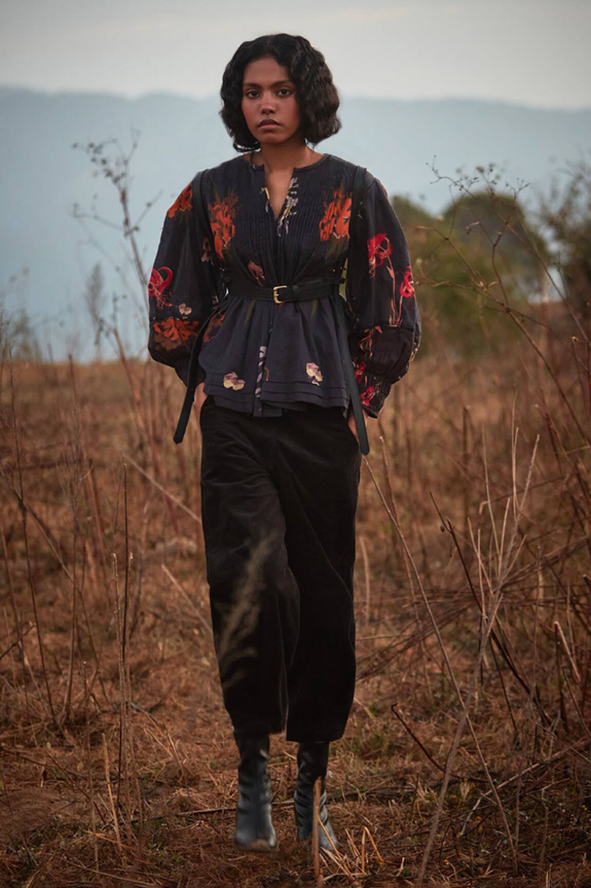 Kharakapas Charcoal Grey Abstract Floral Pintucked Top 