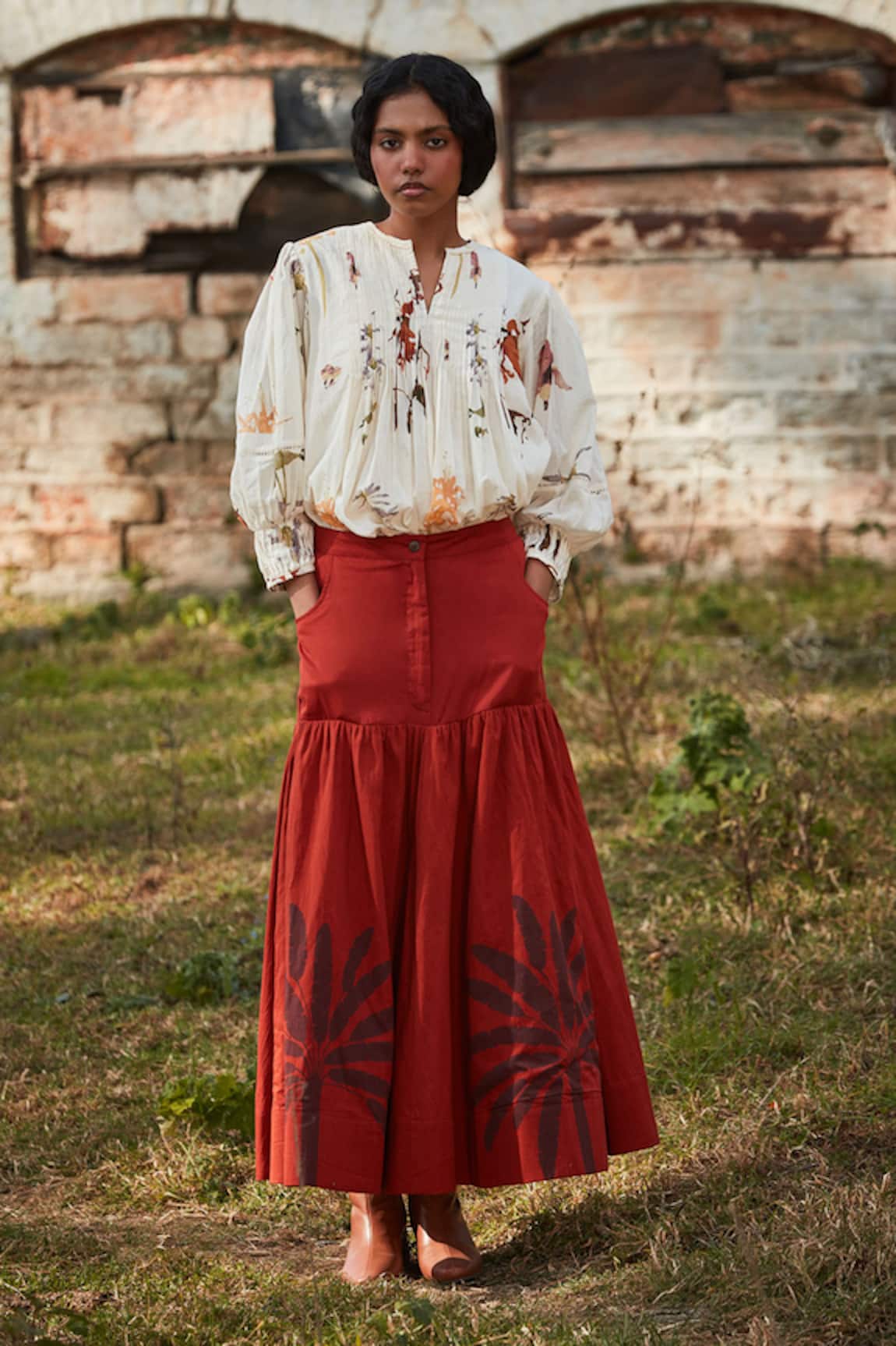 Kharakapas Rustic Palm Print Long Skirt 