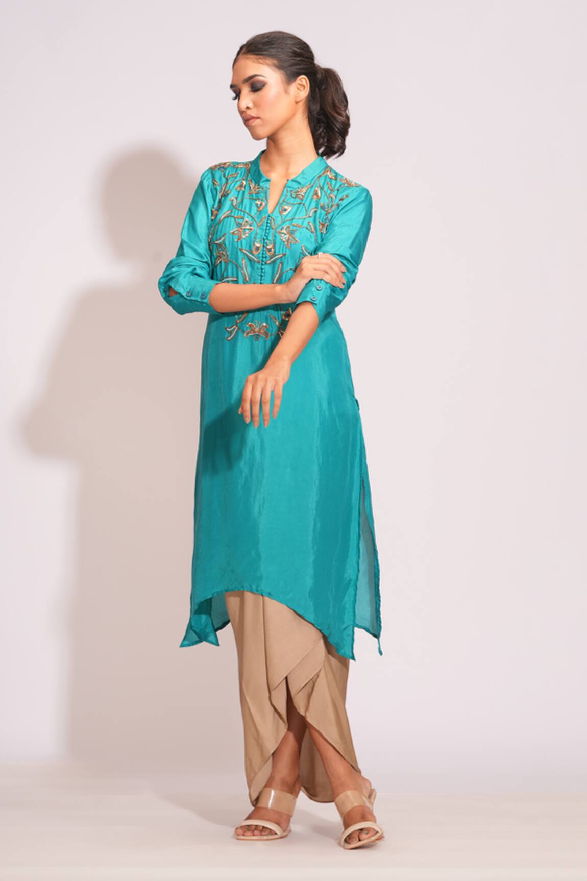 Shruti S Blue Pearl Embroidered Kurta & Gold Draped Skirt 