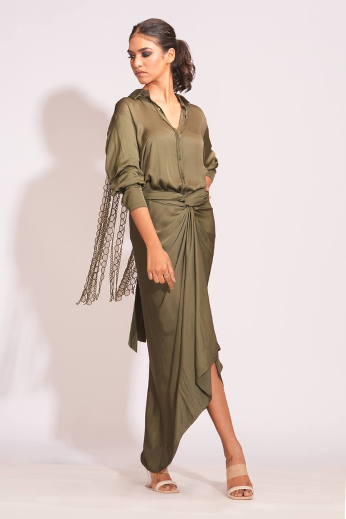Shruti S Tassel Lace Embellished Olive Green Shirt Set 