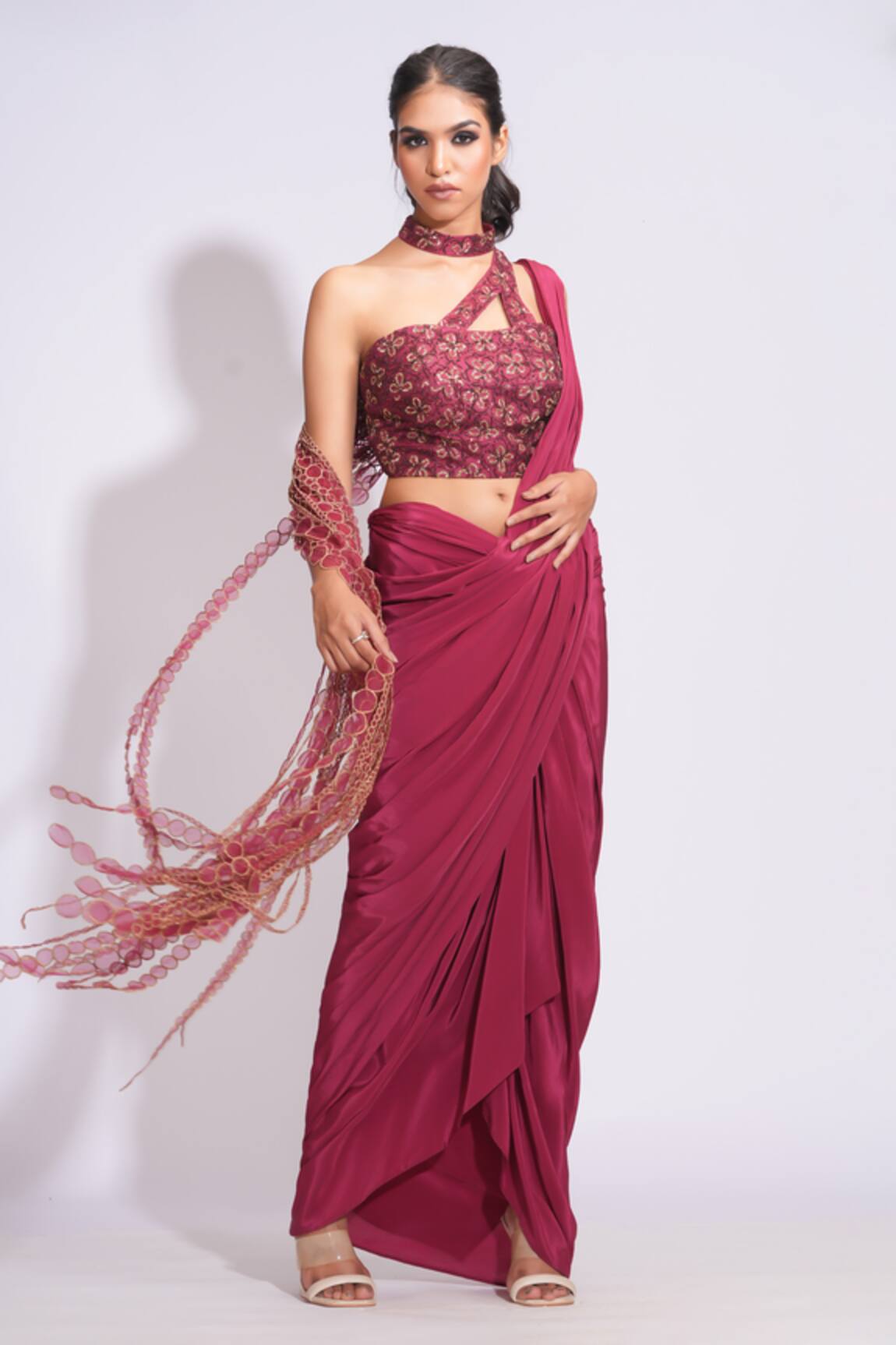 Shruti S Maroon Pre-Draped Dhoti Saree & Embroidered Blouse 