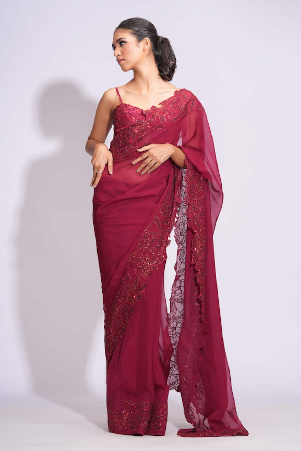 Shruti S Floral Embroidered Maroon Saree Set 