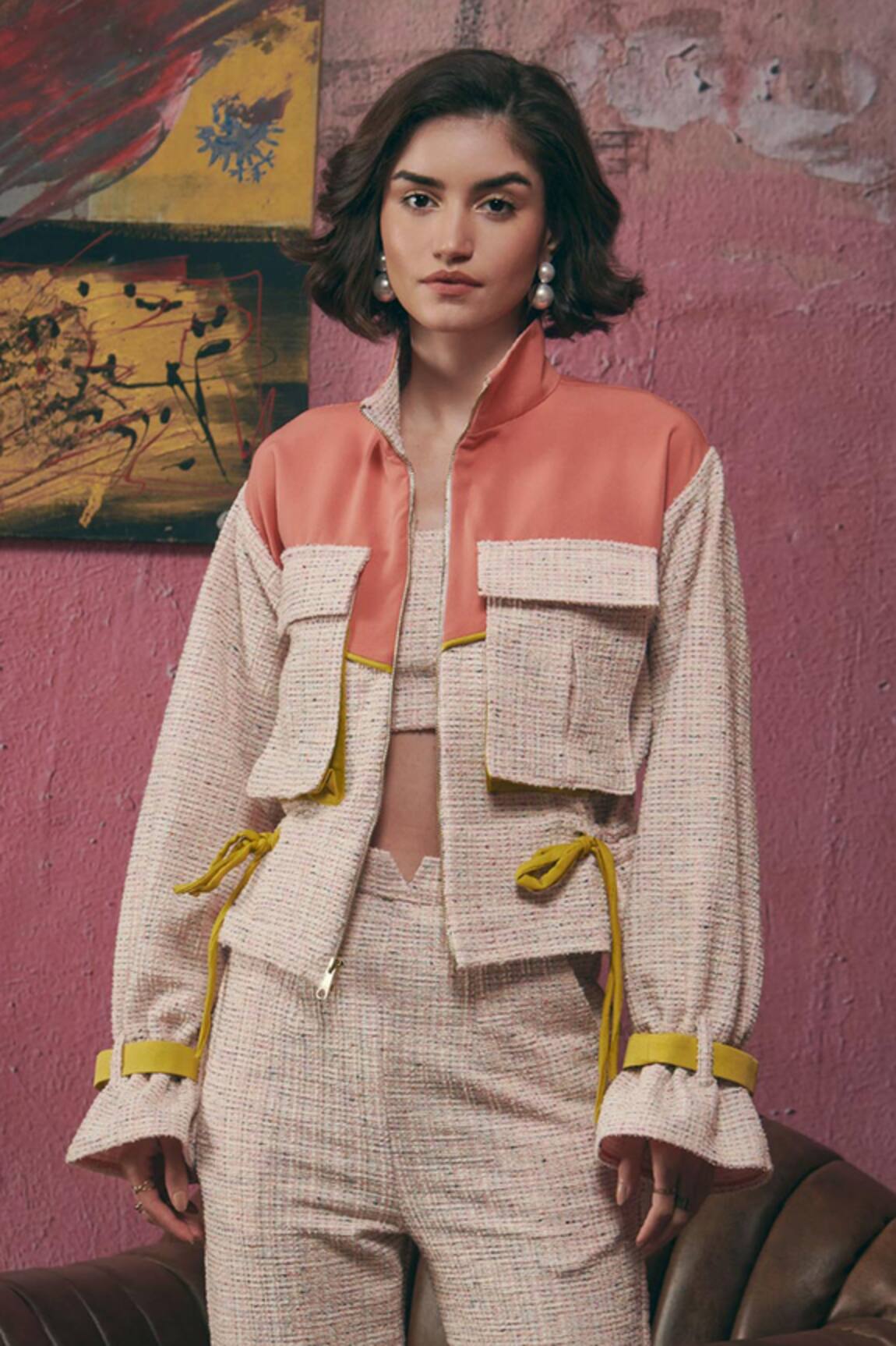 Sunandini Pastel Pink Tweed Color Block Bomber Jacket 