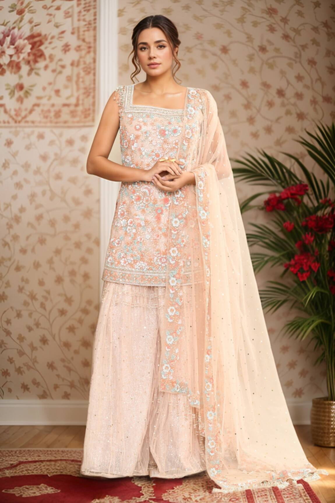 Kalighata Floral Cutdana Embroidered Kurta Sharara Set 