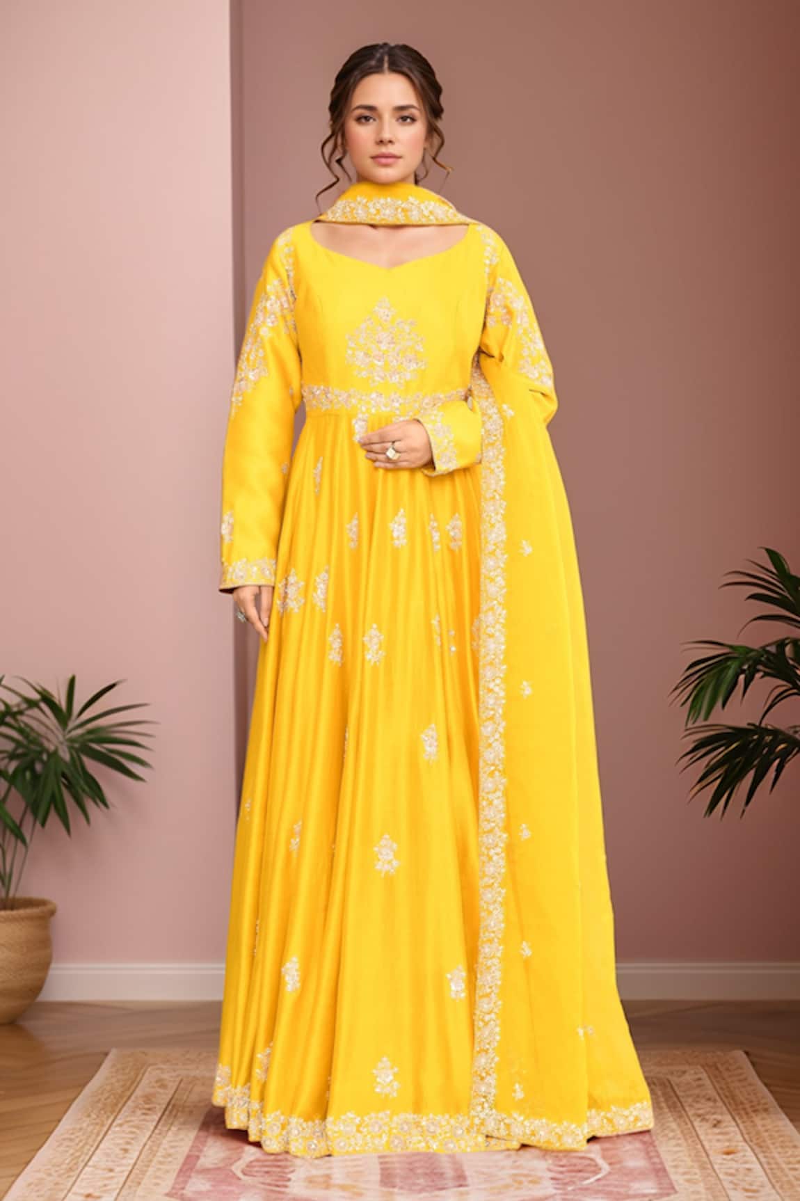 Kalighata Mustard Floral Embroidered Anarkali Set 