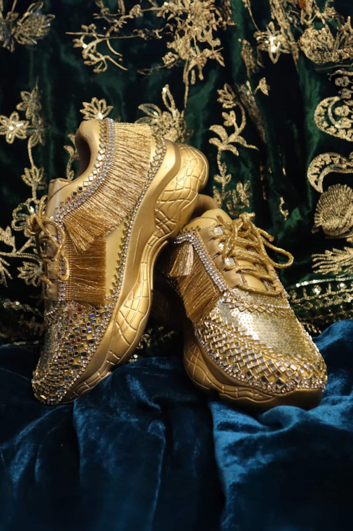 Chal Jooti Embellished Gold Sneakers with Fringes