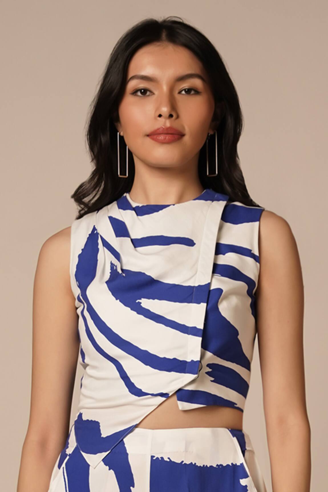 Advait Blue Abstract Print Draped Vest Top 