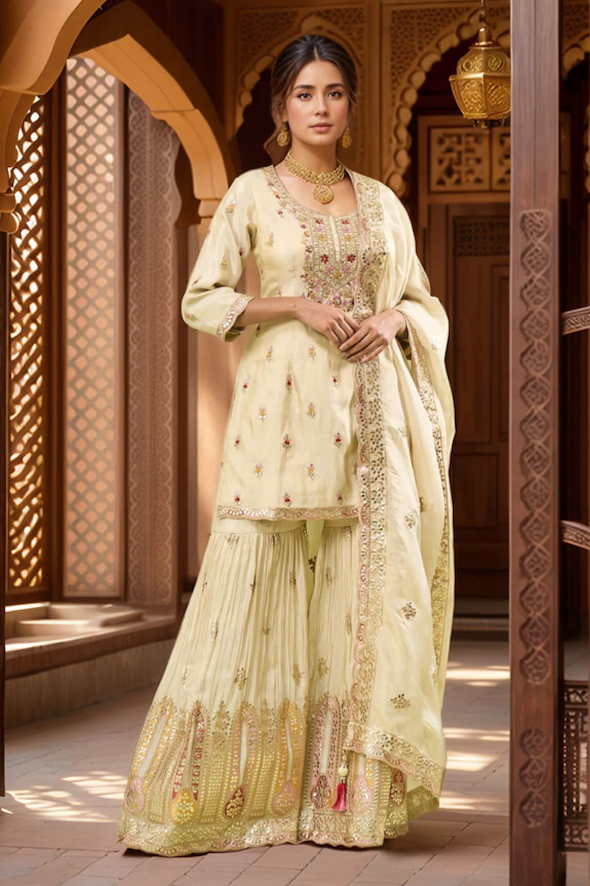 Samyukta Singhania Beige Thread Embroidered Sharara Set 