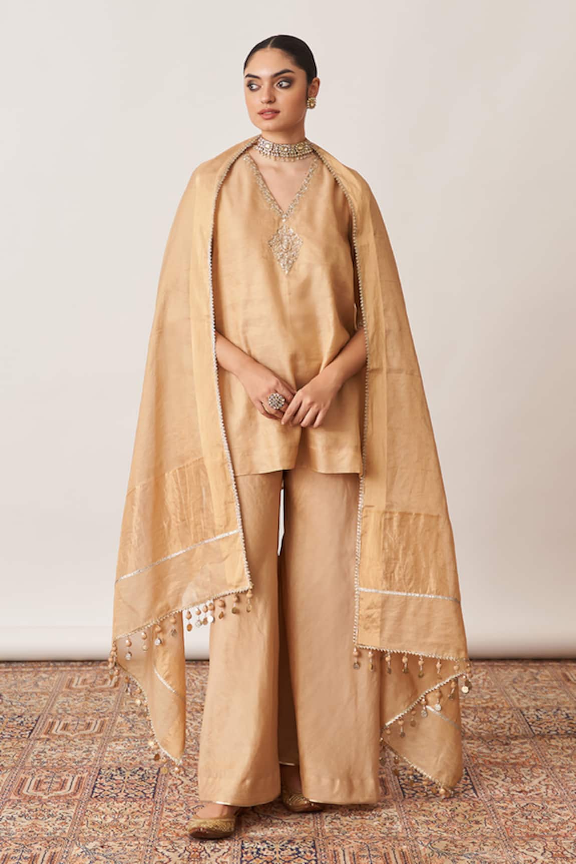 Vaaya Gold Pitta Embroidered Short Kurta & Gharara 