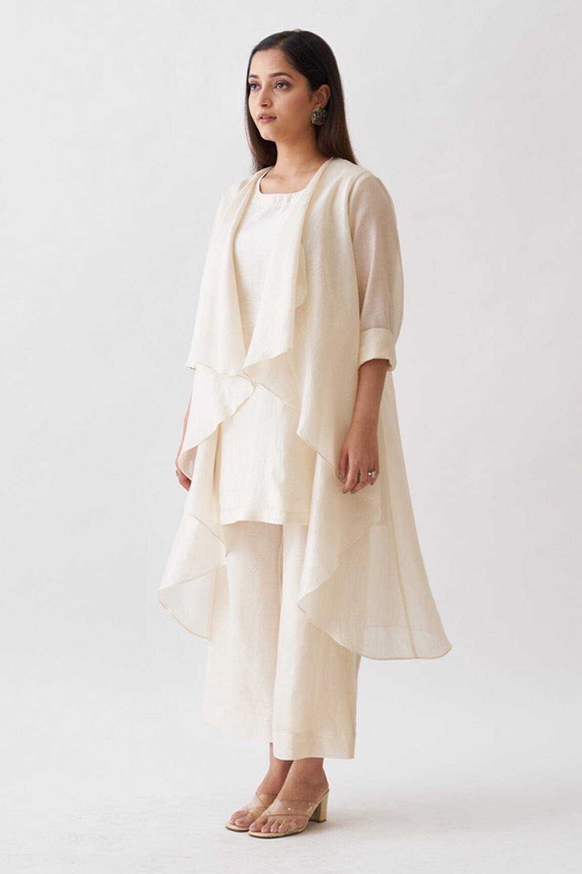 Vaaya Off White Solid Waterfall Jacket & Pant Set 